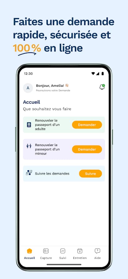 Home screen of the ePass.bj app: passport for an adult or a minor