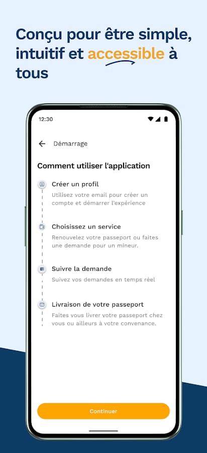 “Comment utiliser l'application” (how to use the app) screen in the ePass.bj app: create a profile, choose a service, track, delivery