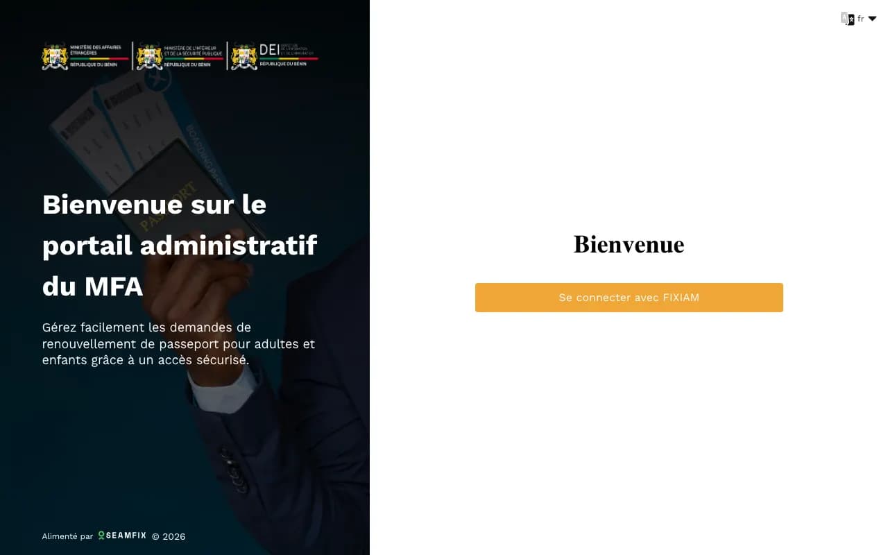 Home page of the ePass portal of Benin's Ministry of Foreign Affairs