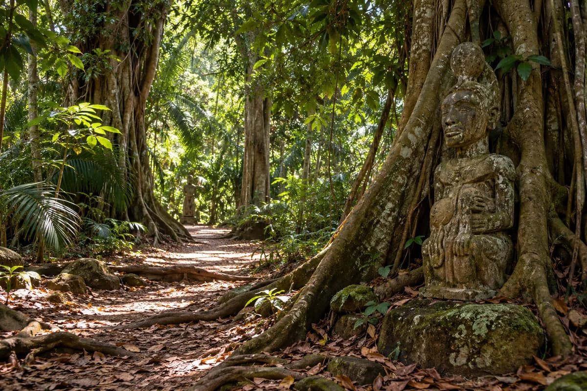 Sentier ombragé dans la forêt sacrée de Kpassè
