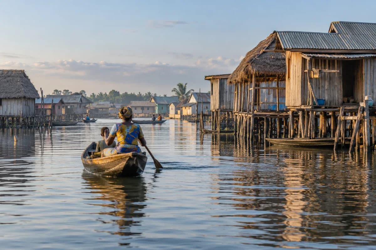 Maisons sur pilotis et pirogue à Ganvié