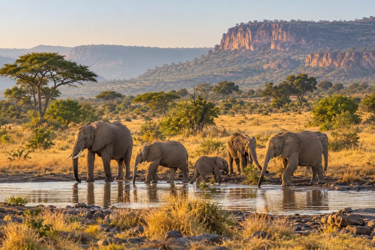 Éléphants près d'un point d'eau dans le parc de la Pendjari