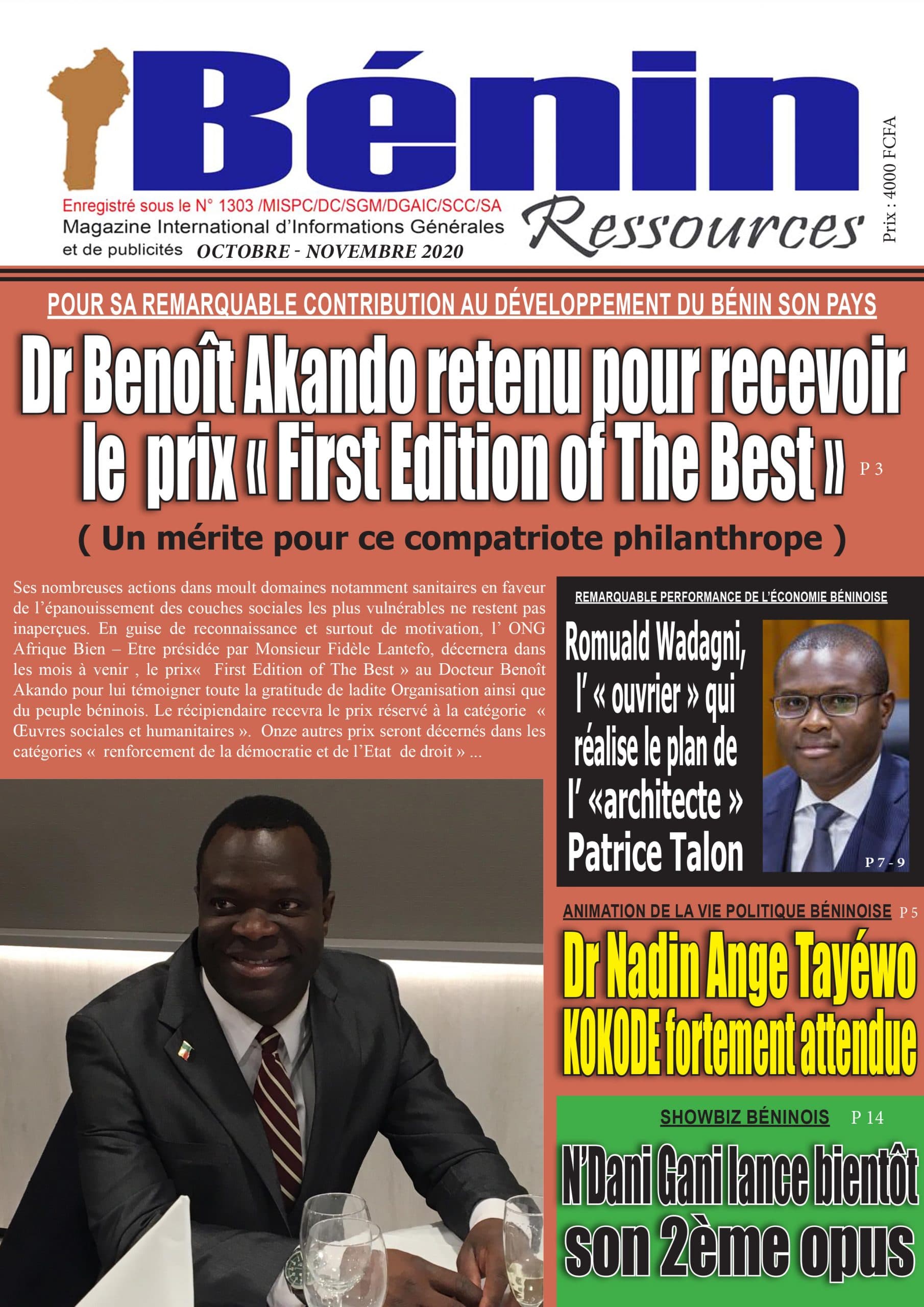 Magazine Bénin Ressources, octobre-novembre 2020, consacré au Dr Benoît AKANDO, photo 2