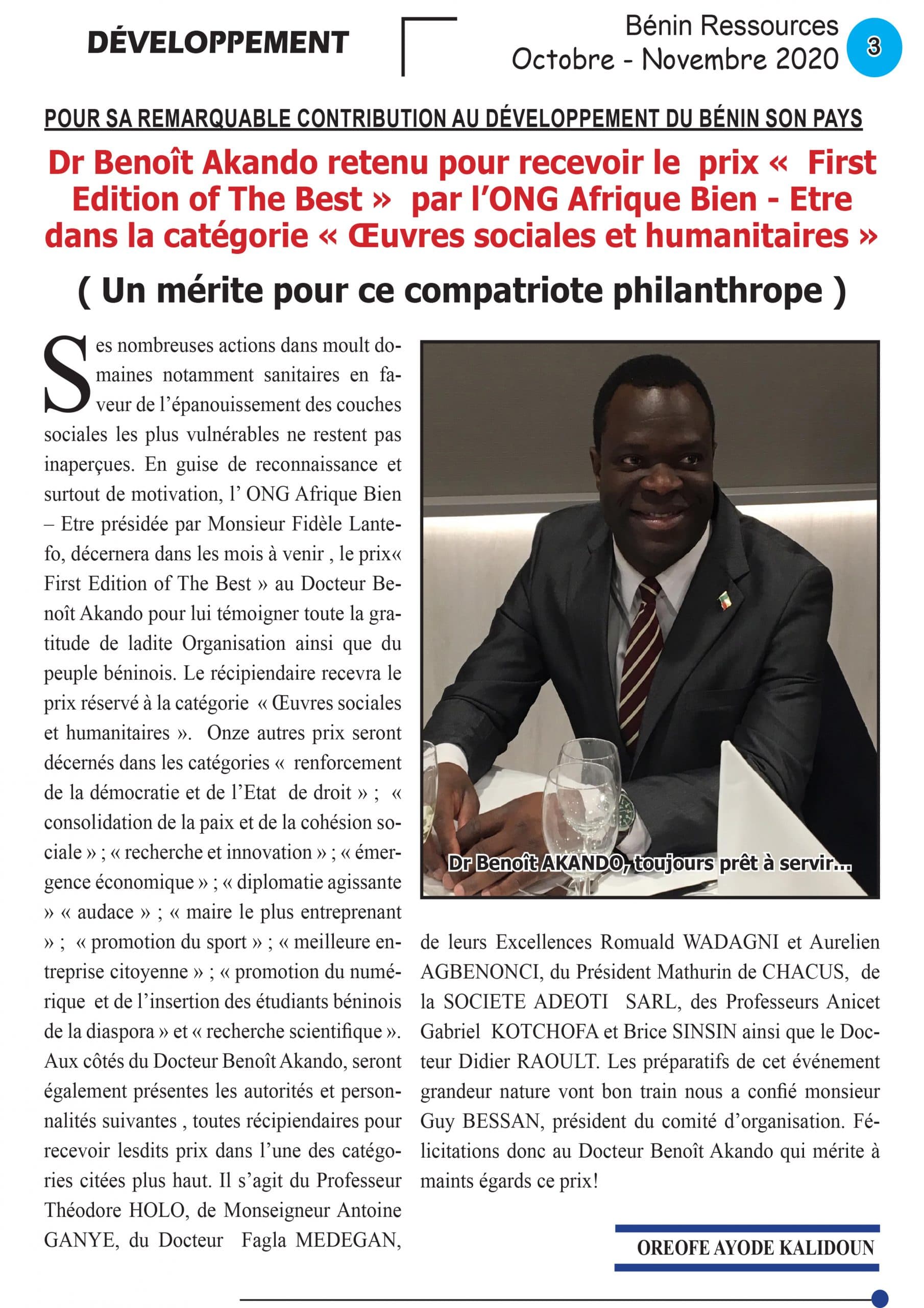 Magazine Bénin Ressources, octobre-novembre 2020, consacré au Dr Benoît AKANDO, photo 3