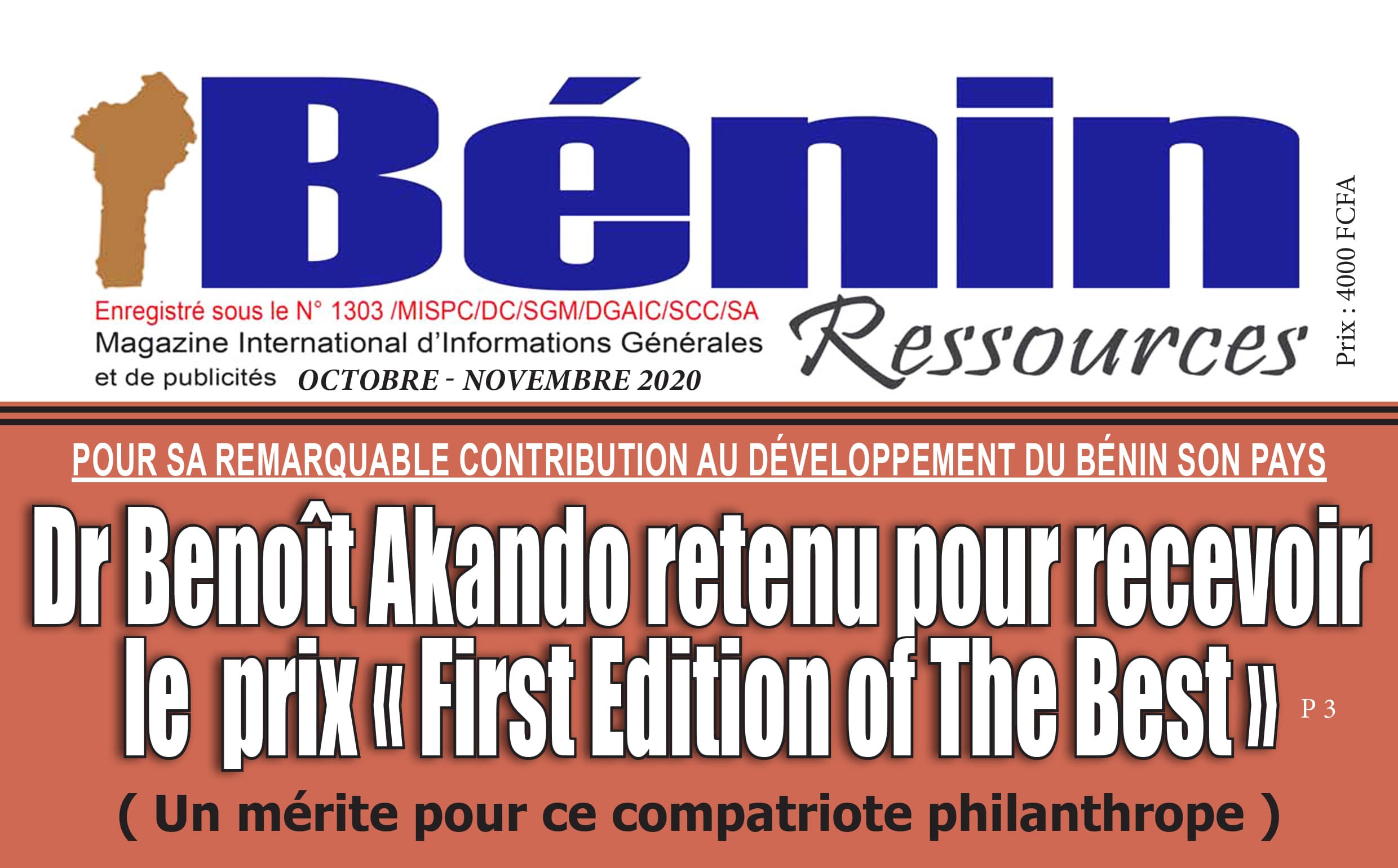 Magazine Bénin Ressources, octobre-novembre 2020, consacré au Dr Benoît AKANDO, photo 1