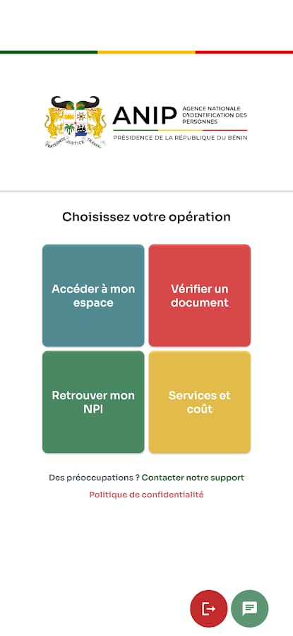 Home screen of the ANIP BJ app: access my account, check a document, find my NPI