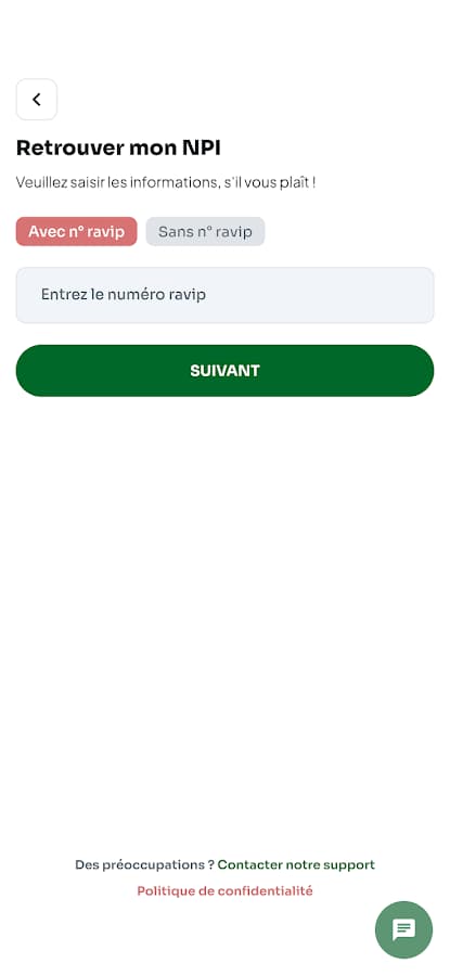 “Retrouver mon NPI” screen in the ANIP BJ app: find your NPI with or without a RAVIP number