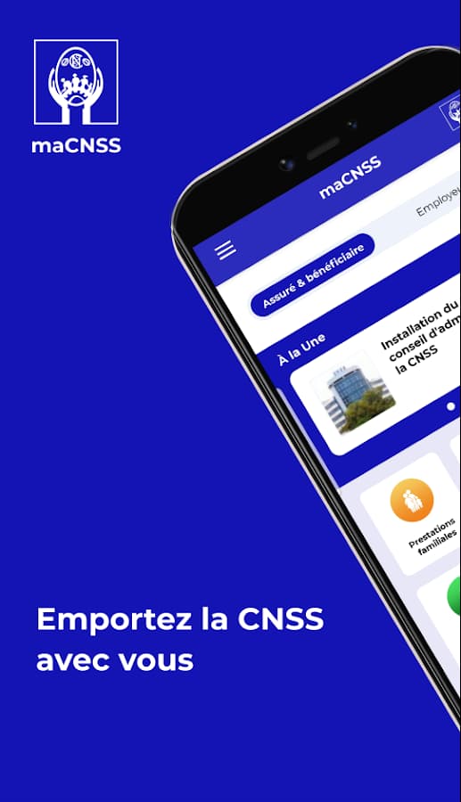 Introduction screen of the CNSS Mi Ton app: “Emportez la CNSS avec vous” (take the CNSS with you)