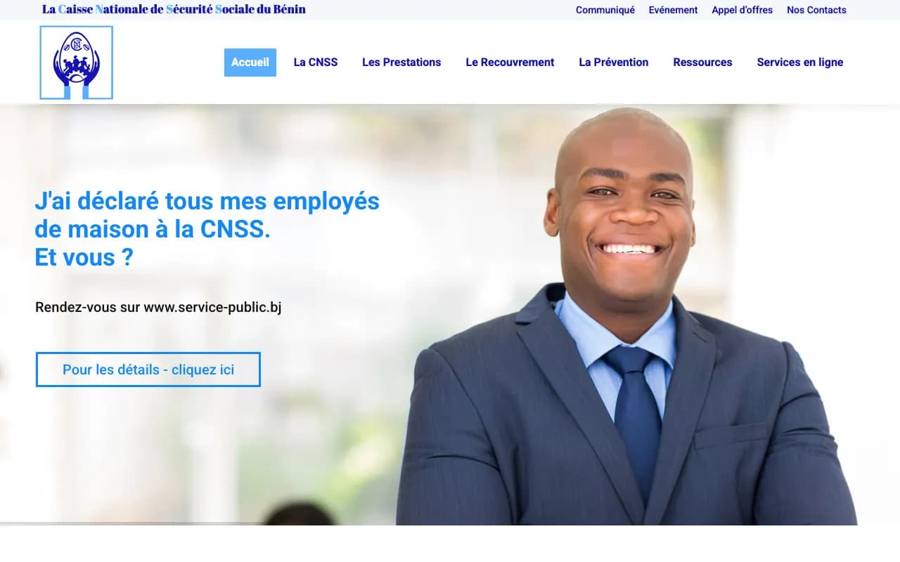 Official website of Benin's CNSS, with the CNSS pension simulators