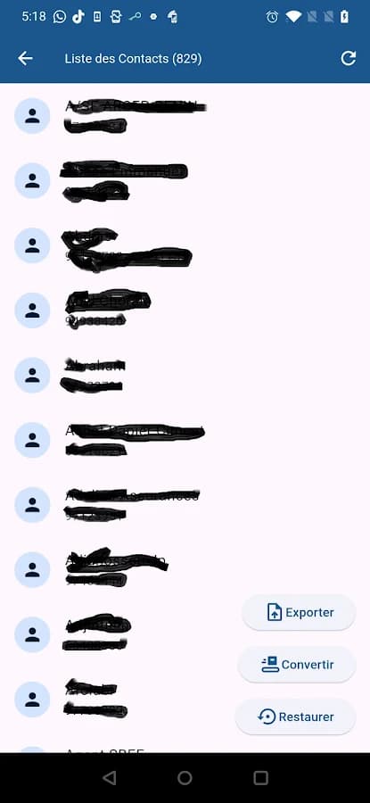 Contact list in CONVNUM with the Exporter, Convertir and Restaurer buttons
