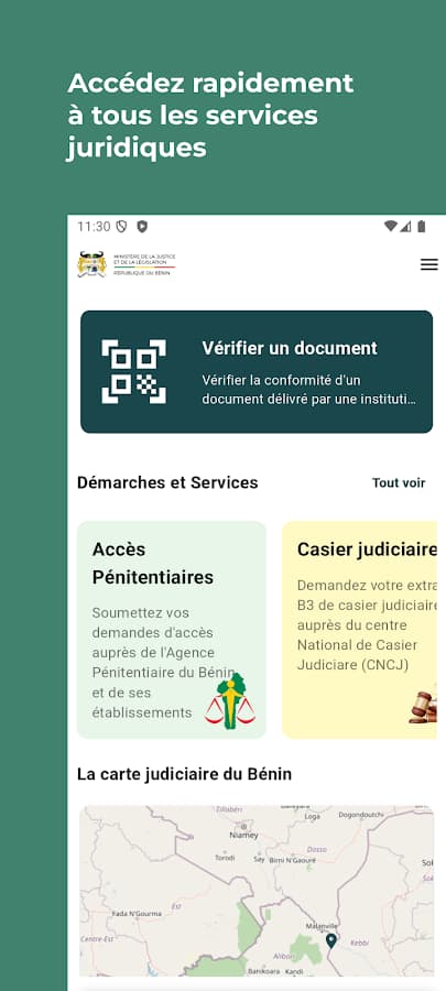 Justice.bj home screen: verify a document, prison access, criminal record, judicial map