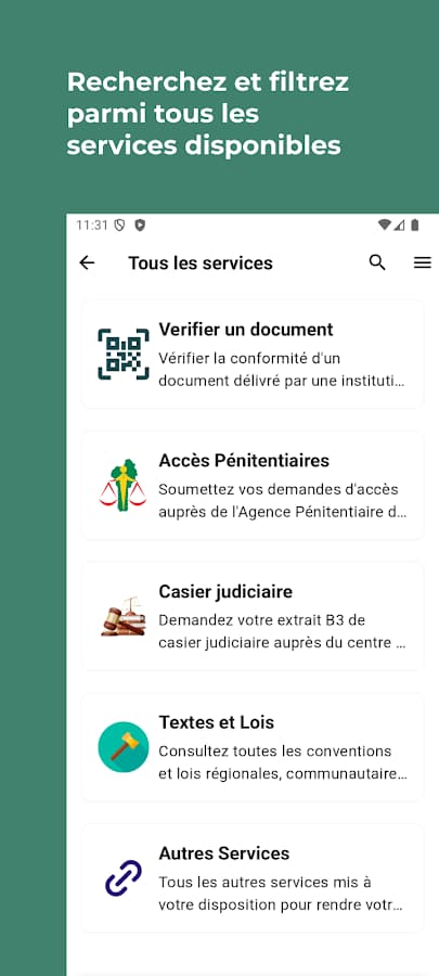 List of all services in the Justice.bj app