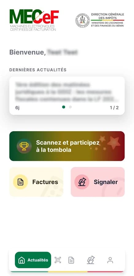 Home screen of the MECeF BENIN app with the Factures and Signaler buttons