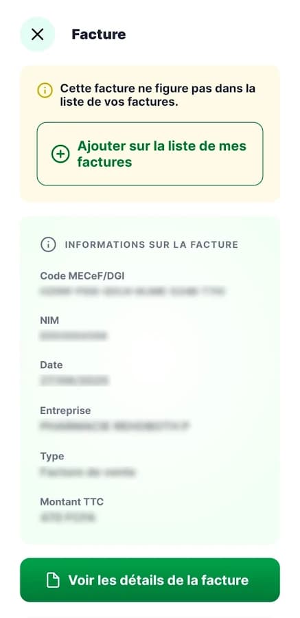 Details of a checked standardised invoice: MECeF/DGI code, NIM, date, business and amount