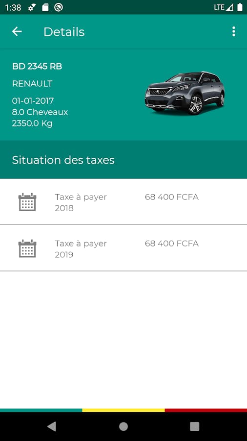 Fiche d'un véhicule dans Mobile Tax avec la situation des taxes à payer