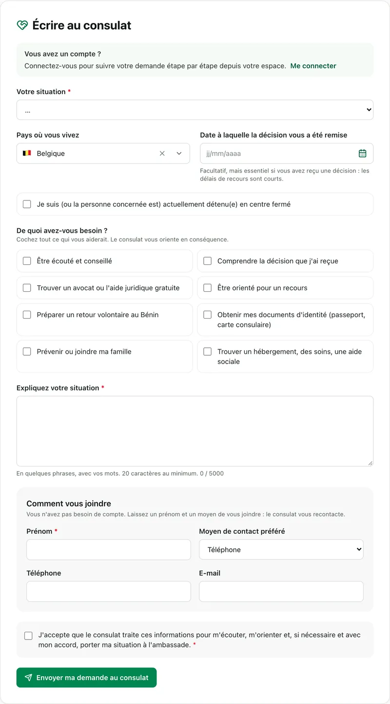 Formulaire Écrire au consulat de la page accompagnement