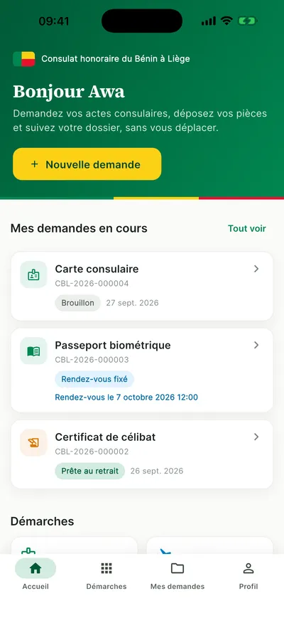 Accueil de l'application mobile avec les demandes en cours