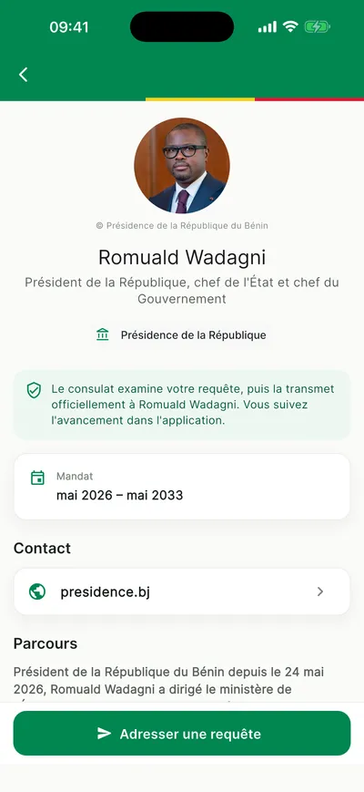 Fiche d'une autorité avec son mandat, son parcours et le bouton Adresser une requête