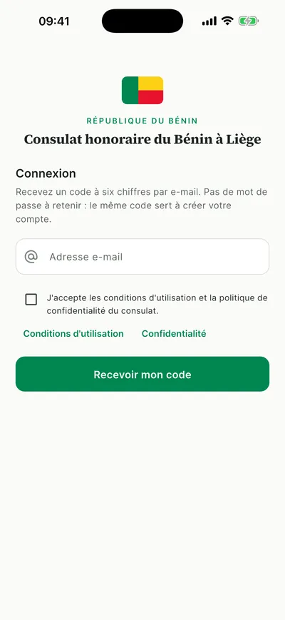 Écran de connexion de l'application mobile avec le champ adresse e-mail