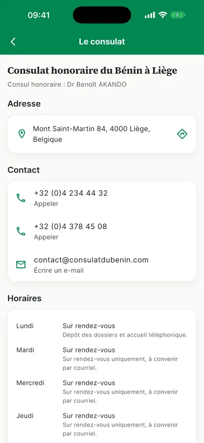 Adresse, contacts et horaires du consulat dans l'application mobile