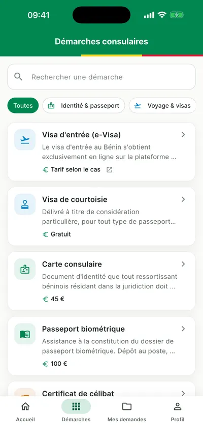 Liste des démarches consulaires dans l'application mobile