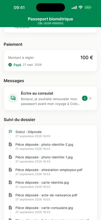 Cadres Paiement, Messages et Suivi du dossier dans l'application mobile