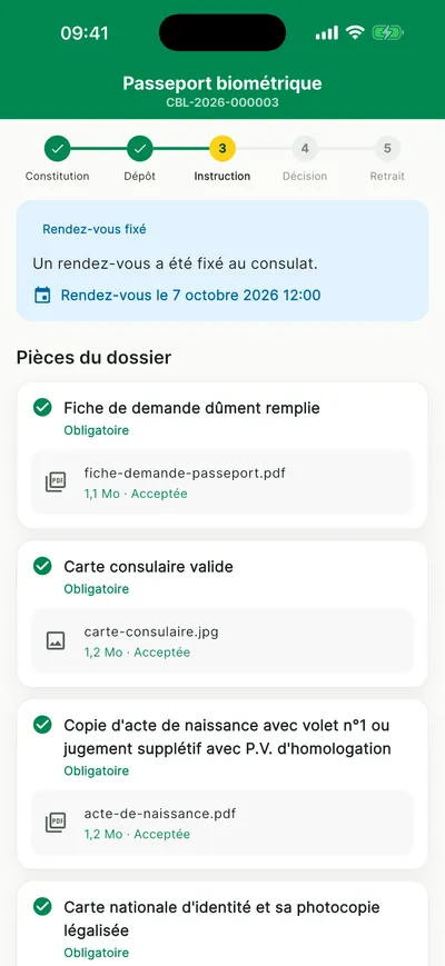 Dossier en instruction avec la frise des étapes et un rendez-vous fixé