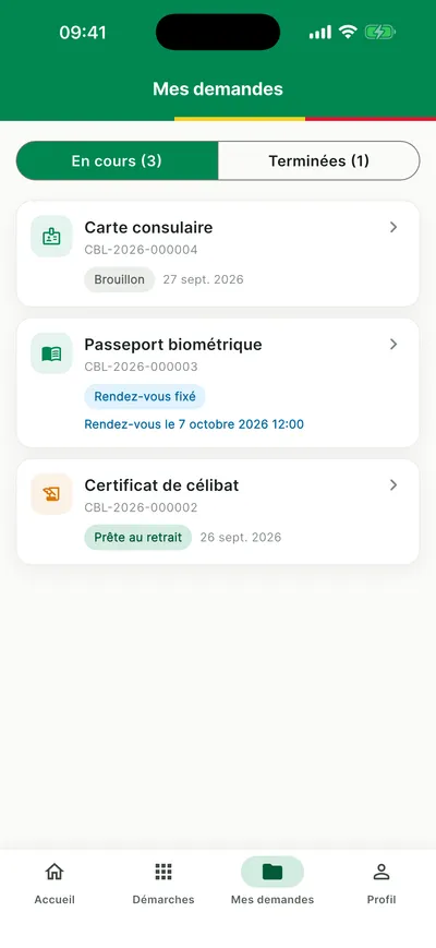 Liste des demandes en cours dans l'application mobile