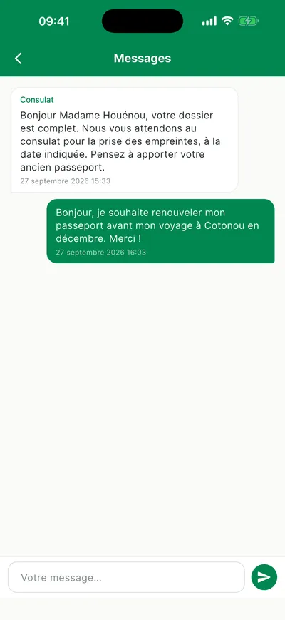 Conversation entre l'usager et le consulat dans l'application mobile