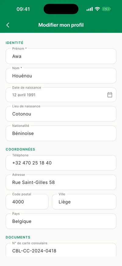 Formulaire de modification du profil dans l'application mobile