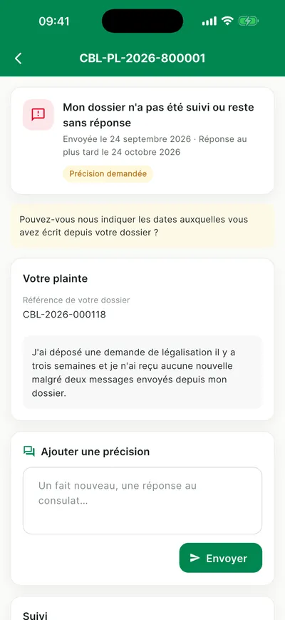 Suivi d'une plainte avec la question du consulat et le cadre Ajouter une précision