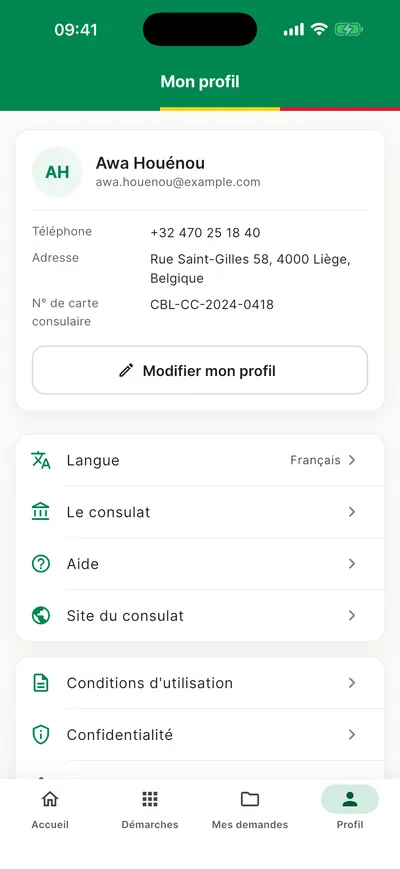 Onglet Profil de l'application mobile