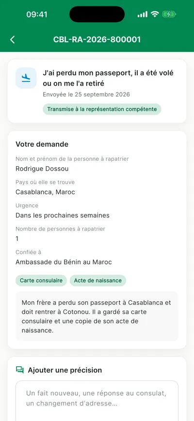 Suivi d'une demande de rapatriement transmise à la représentation compétente