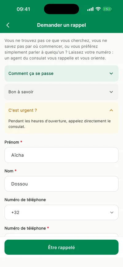 Formulaire Demander un rappel avec le nom et le numéro de téléphone