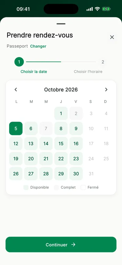 Calendrier du mois avec les jours disponibles en vert