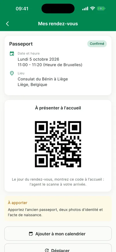 Fiche du rendez-vous avec le QR code à présenter à l'accueil