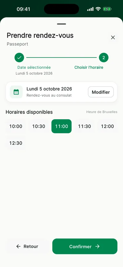 Horaires disponibles pour le jour choisi