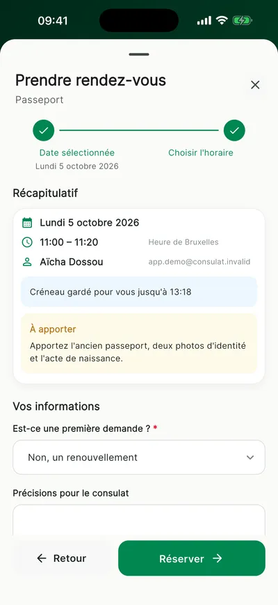 Récapitulatif du rendez-vous avec les questions du consulat et le bouton Réserver