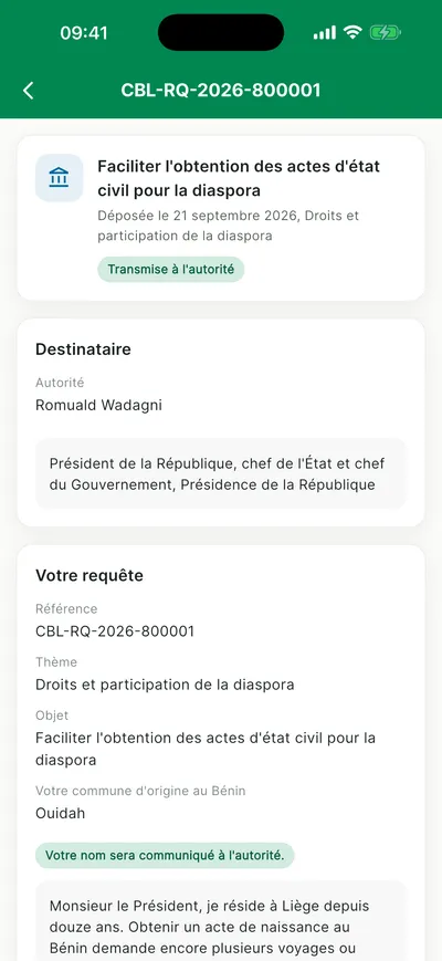 Suivi d'une requête transmise à l'autorité