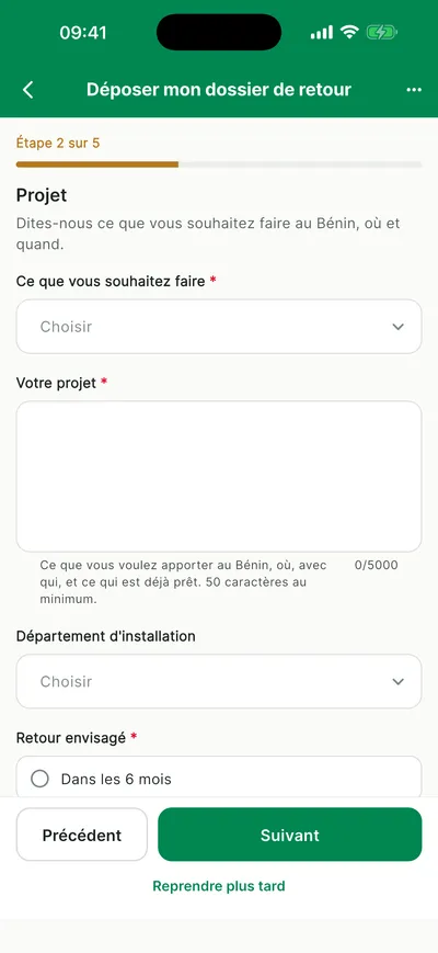 Deuxième étape du dossier de retour au pays : le projet