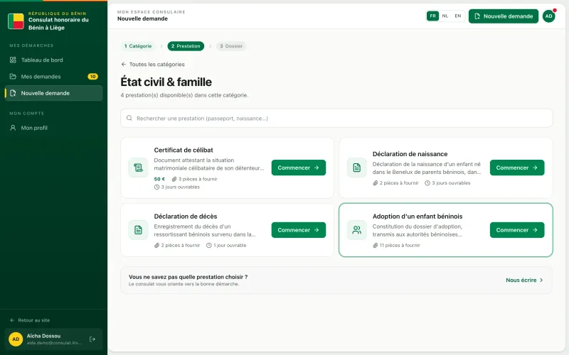 La prestation Adoption d'un enfant béninois dans la liste des nouvelles demandes