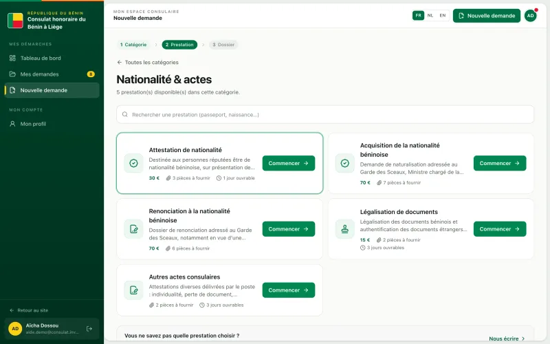 La prestation Attestation de nationalité dans la liste des nouvelles demandes