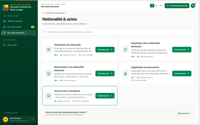 La prestation Autres actes consulaires dans la liste des nouvelles demandes