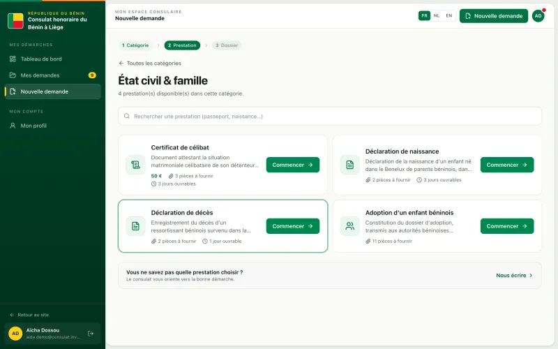 La prestation Déclaration de décès dans la liste des nouvelles demandes