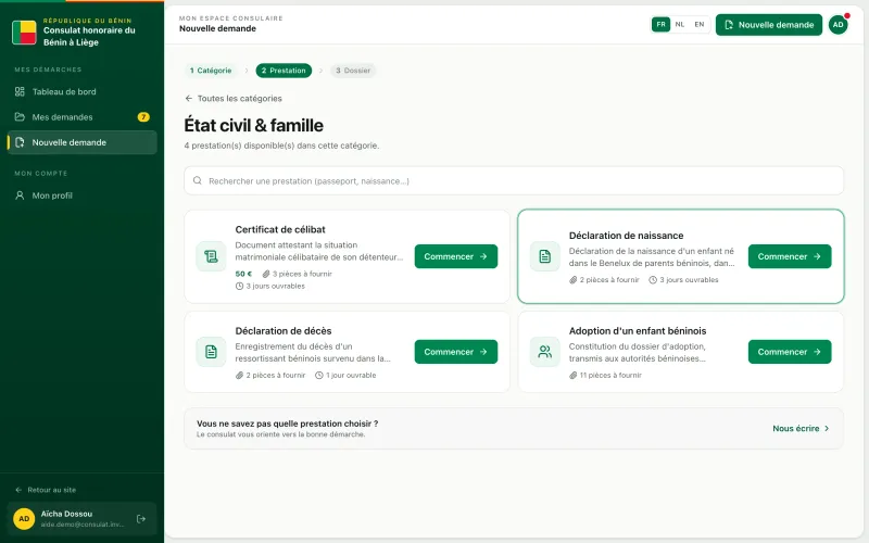 La prestation Déclaration de naissance dans la liste des nouvelles demandes