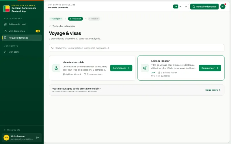 La prestation Laissez-passer dans la liste des nouvelles demandes