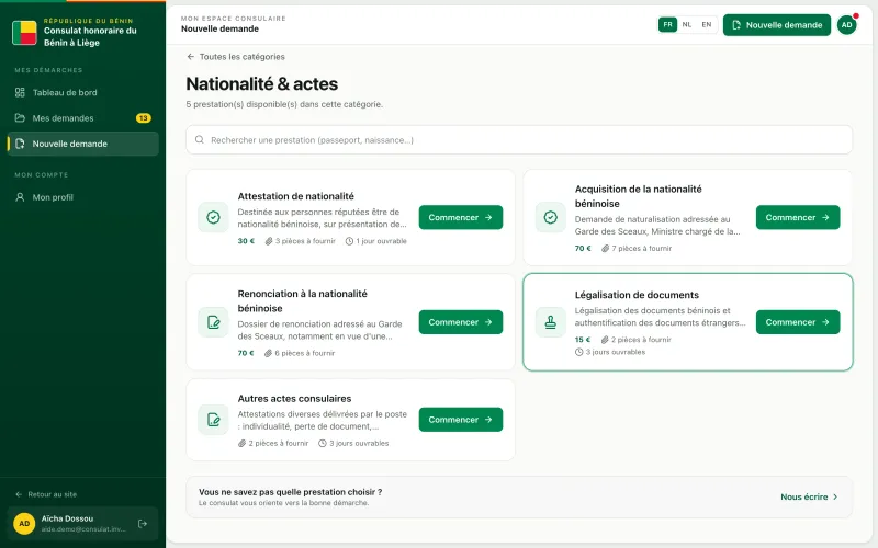 La prestation Légalisation de documents dans la liste des nouvelles demandes