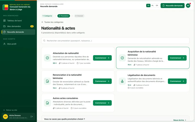 La prestation Acquisition de la nationalité béninoise dans la liste des nouvelles demandes