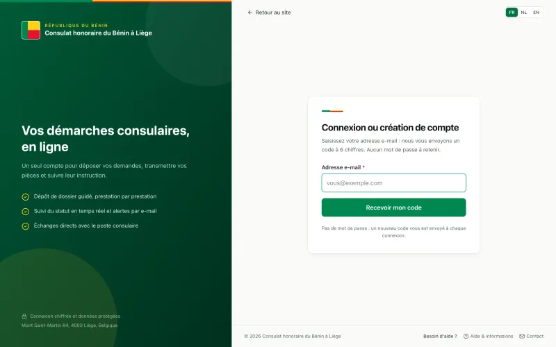 Écran pour créer un compte usager ou se connecter