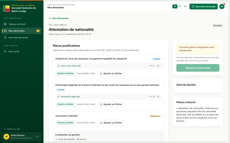 Dossier en brouillon pour une attestation de nationalité, avec ses pièces justificatives